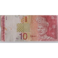 MALAYSIA 10TH SIRI ALI CENTER RM 10 RINGGIT.   CONDITION USED VF WITH FIRST PREFIX BG