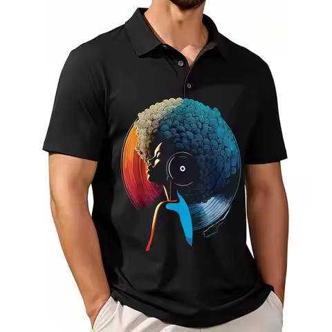 Men's Printed Short-Sleeved Polo Shirt, 70S and 80S Retro Vinyl, Funk, Disco, Soul Music, African Cu