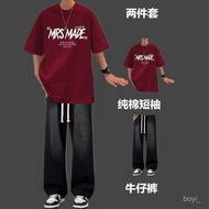 Taiwan Shipping Summer Suit Men MRS Short-Sleeved T-Shirt Student Boys Handsome One Set Matching Fas