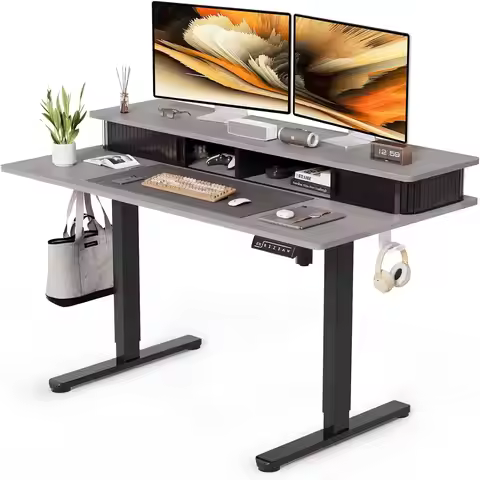Height Adjustable Electric Standing Desk with Storage Shelves, 48 Inch Table, Built-in Monitor Stand