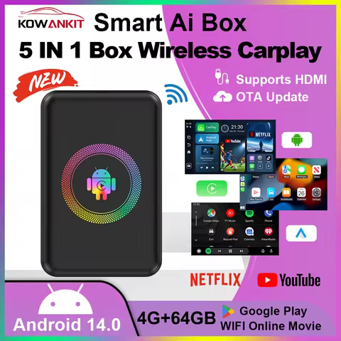 2026 Kowankit 4+64G Android 14 Wireless CarPlay Ai Box Smart Plug & Play 5 in 1 Android Auto HDMI Ca