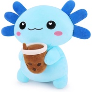 Achwishap Axolotl Plush, Mainan Plushie Hewan Axolotl-14” Plushie Axolotl Biru dengan Teh Susu, Bant