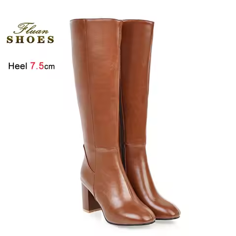 British Style Knee-high Boots 7.5CM Square High Heels Women Soft PU Leather Knight Boots Europe and 