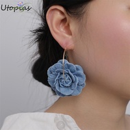 UTOPIAS Denim Blue Fabric Earrings, Handmade Denims Blue Rose Earrings, Ornament Exaggerate Flower E