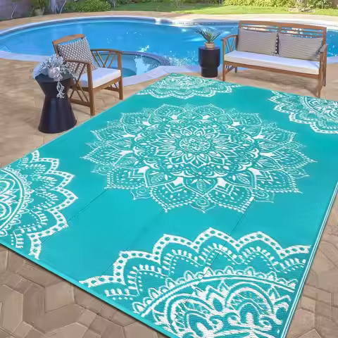 Outdoor Reversible Plastic Rug, 9x12 ft, Patio, Camping, RV, Deck, Backyard, Balcony, Picnic (Blue)