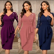 Lisa999 Classic V-Neck Sequin Floral Lace Contrast Ruffle Trim Wrap Hem 3/4 Sleeve Cocktail Party F