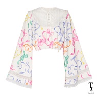 TandT - GWYNETH TOP - RIBBON HEART PRINTED FRILL BIB NECK FLARED SLEEVES CROP TOP เสื้อคร็อปจัมพ์เอว