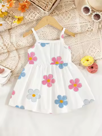 Baby Girl Summer Fashion Cute Strap Dress, Baby Girl Colorful Floral Print Waist-Cinching Dress, Bab