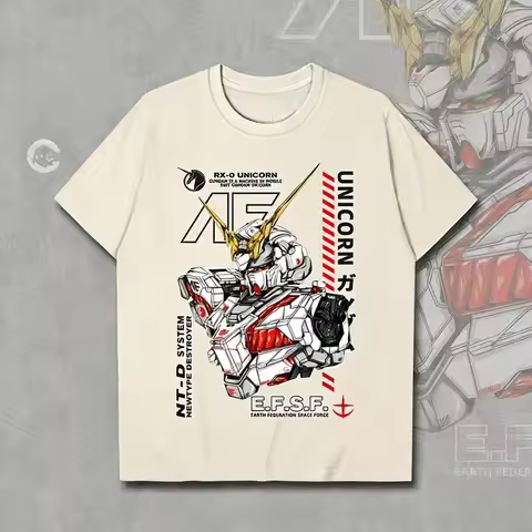 Gundam RX-0 Unicorn Unisex Pure Cotton T-shirt 2026 Summer Hot Anime Print Loose Casual Parent-child