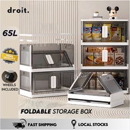 Foldable Stackable Storage Box with Wheels | 65L Transparent Plastic Organiser for Clothes, Toys & H