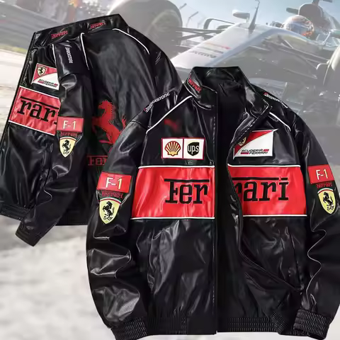 PU Leather Jacket Car Motorcycle Racing Jacket Embroidered Couple Jacket For Ferrari F430 Stradale R