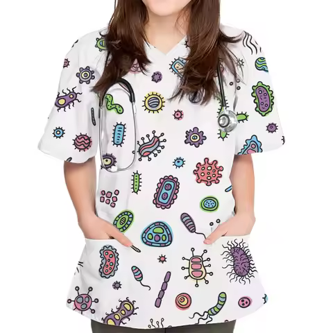 New Women Tops Bacteriogram Print Pharmacist Veterinary Nurse Fashion Slim Beauty Scrub Clothes Spa 