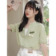 2023 New Style Waffle V-Neck Half-Sleeved T-Shirt Women Loose fake Two-piece Top Design Niche Chic T