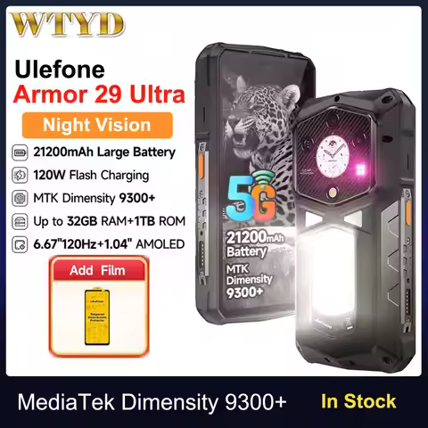 Ulefone Armor 29 Ultra 5G AI Rugged Phone 16GB+1TB Night Vision 21200mAh 6.67" Dimensity 9300 Versat