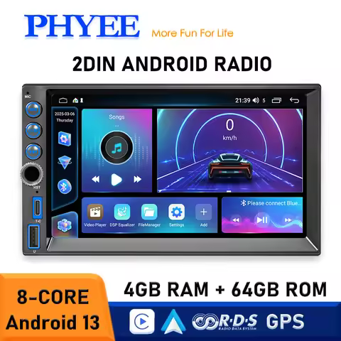 2 DIN Car Android GPS Radio 4GB RAM 64GB ROM, Wireless CarPlay / Android Auto, BT 5.1, 4G WiFi, USB,
