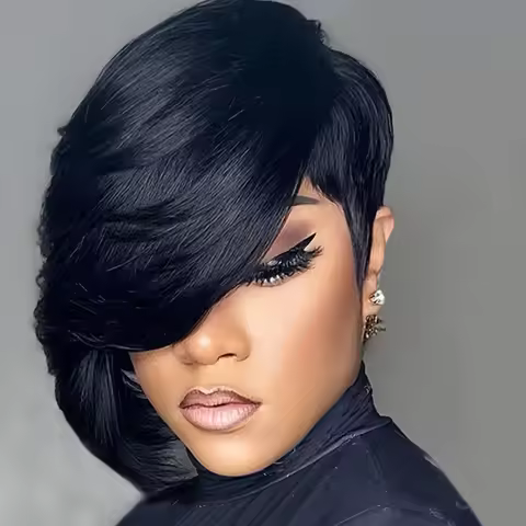 Human Hair Short Pixie Cut Wig Layered Pixie Cut Wig Pixie Cut With Long Side Bangs Full Machine Mad