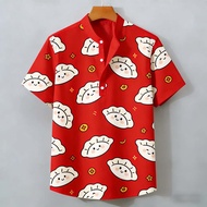Men's New Chinese Style Stand-up Collar Shirt Red Dumpling & Gold Coin Pattern Print