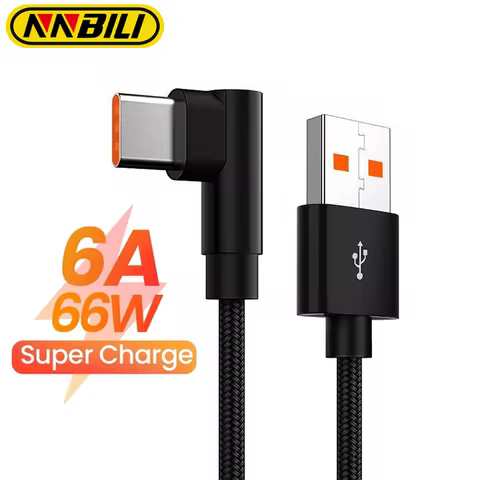 NNBILI 6A 66W Type C USB Fast Charging Cable for Samsung Huawei OPPO VIVO POCO 90 Degree Right Angle