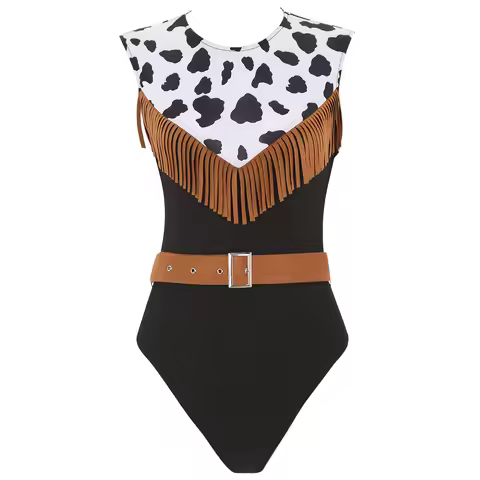 Womens Prairie Pioneer Cowgirl Bodysuit with Suede Waist Belt Halloween Party Cowboy Costume For Adu