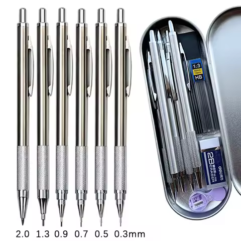 Metal Mechanical Pencil Set with Pen Box Lead Eraser Pencil Sharpener Set 0.3 0.5 0.7 0.9 1.3 2.0mm
