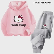 Kawaii Hello Kitty Hoodie Set for Girls Anime Hoodies Pants 2pcs Kids Cartoon Teen Tracksuits Toddler Clothes Sport Suit
