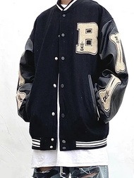 ZZOOI Vintage Bone Varsity Jacket Men Leather Sleeve Plush Letterman Womens Bomber Jacket Hip Hop Co