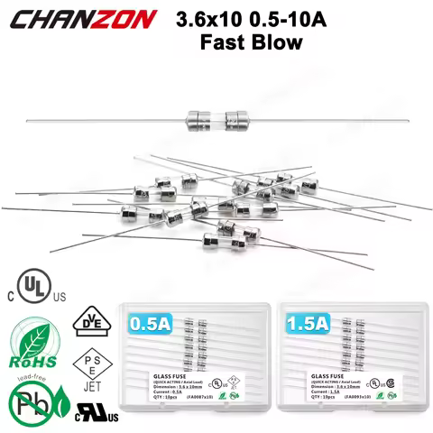 10pcs 3.6x10 mm Fast Blow Tube Glass Fuse With Lead Wire 0.5A 1A 1.5A 2A 3A 3.15A 5A 6.3A 10A 125V 2