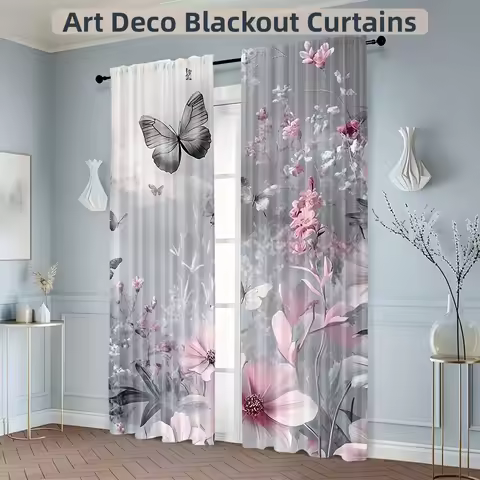 35x90in*2pcs, 2pcs Art Deco Style Blackout Curtains, Grey Sky & Pink Floral Design, Semi-Sheer Polye