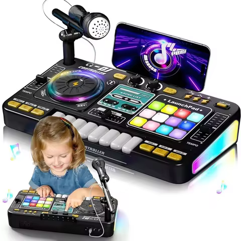 Kid DJ Mixer with Microphone Electronic Piano Keyboard Bluetooth DJ Turntable Controller Musical Ins