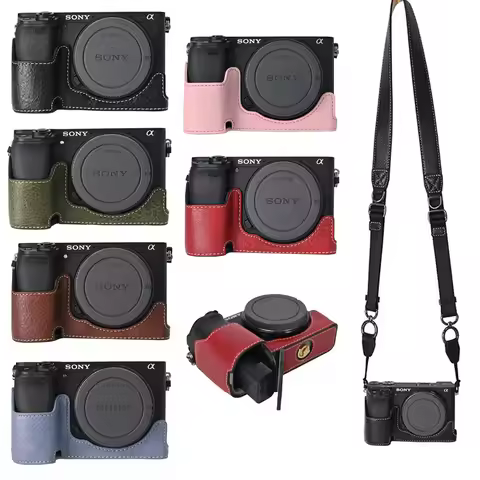 Litchi Magnetic PU Leather Camera Half Case For Sony A6300 A6400 A6000 A6100 Bottom Opening Cover