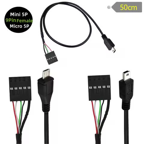 50CM USB 2.0 Micro 5Pin /Mini 5Pin Male to 9Pin Female 2.54 USB Header PCB Motherboard Cable Left/Ri