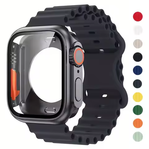 NEW Glass Case+Strap for Apple Watch Band 40 41 44 45 42 46mm Screen Protectors case for Apple IWatc