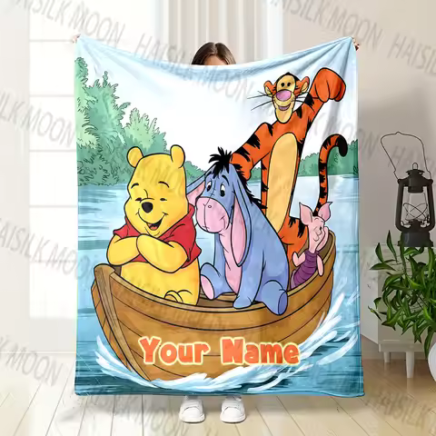 1PC Disney Winnie the Pooh Printed Personalized Custom Name Blanket for Sofa Bed Travel Camping Cove