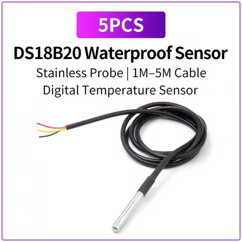 5PCS DS18B20 Waterproof Temperature Sensor Probe Stainless Steel Digital Temp Sensor 1M 2M 3M 5M Cab