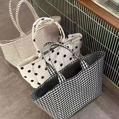 Polka Dot Print Canvas Tote Bag Stripes Print Check Print Large Capacity Tote Canvas Material Large 