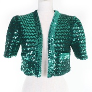 全新未使用 GUCCI 653449 亮片前開襟短袖披肩外套，綠色，S 碼，義大利製造，正品女款