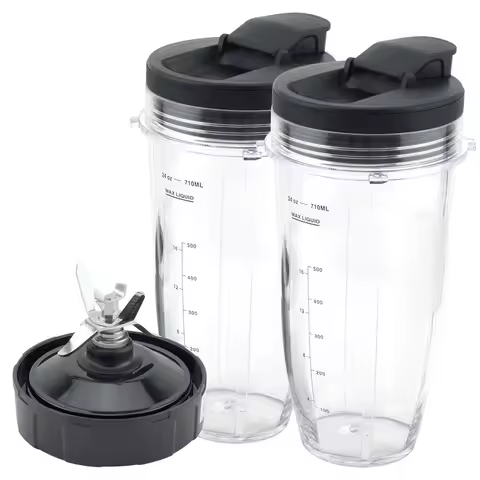 Blender Replacement Parts for Ninja, 2 24Oz Cups with To-Go Lids, 7 Fins Extractor Blade, for Nutri 