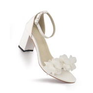 White Women Heels Flower Sandals Summer Wedding Shoes Bride Shoes Black Thick Heels Party Shoes Fash