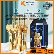 【K-Home】Cutlery Set 24 pcs with Holder Stainless Steel Cutlery Spoon & Fork Cutlery Set Sudu dan Gar