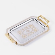 Handle Serving Plate Stainless Steel Fruit Plate Rectangular Buffet Hotel Golden Storage Tray Europe