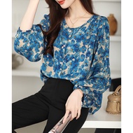Floral Design New Casual Loose Lantern Sleeve Blouse Retro Long Sleeve Chiffon Women's Shirt Tops