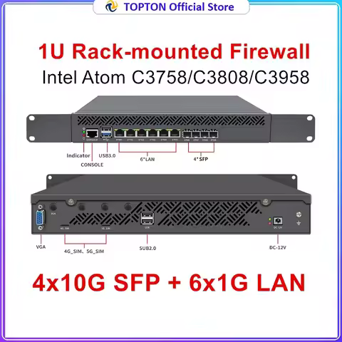 Topton 4*10G SFP 1U Rack Mounted NAS Mini PC Intel Atom C3758 C3808 C3958 6*1G LAN DDR4 NVMe pfSense