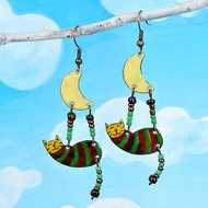 Green Cat Earrings, Enamel Cat Earrings, Cat And Moon, Striped Cat, Tabby Cat, Lucky Cat, Fortune Cat Earrings, Cat Jewelry, Striped Earrings,Moon,
