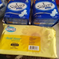 BUY( 2 PACKS x8's) SISTERS NAPKIN COTTON NIGHT w/wings  FREE BONUS FACIAL TISSUE 70PULLS 2 ply