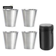 Stainless Steel Shot Cups, Set of 4 Cups, Metal Shot Glasses, Stackable, Hip Flask Small with Leathe