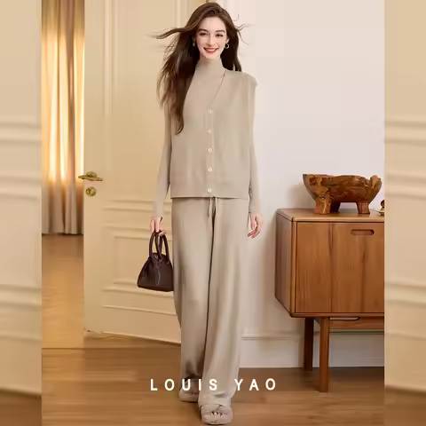 LOUIS YAO Women's Set 2025 Autumn Three Piece Set Lazy Style Micro Elastic High Collar Knitted Sweat