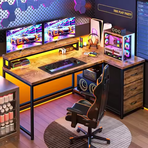 L Shaped Gaming Desk with Monitor Stand & Drawers, 48 Inch Computer Desk with Power Outlet Reversibl