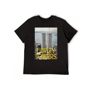 Fawlty Towers Graphic Men's T-Shirt - Soft Cotton, Black with Iconic World Trade Center Print, Casua