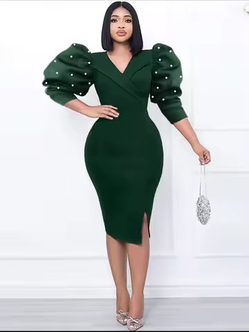 AOMEI V Neck Midi Dresses for Ladies Half Puff Sleeve Dark Green High Waist Bodycon Slit Elegant Off