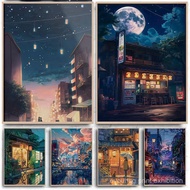 O5HN Anime Cafe Shop and Bicycle Canvas Poster Ghibli Work Anime Style Street Cafe Scene Wall Art Pr